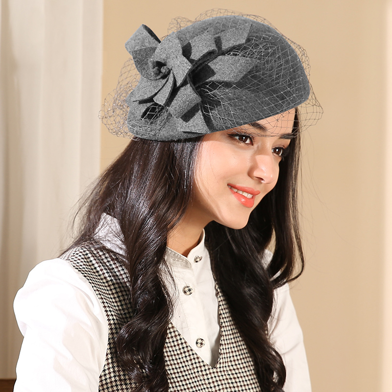 Women Cocktail Felt Fascinator Hat Cocktail Wedding Party Headwear Lady Deby Race Hair Accessories Australia Wool Beret Cap: gray