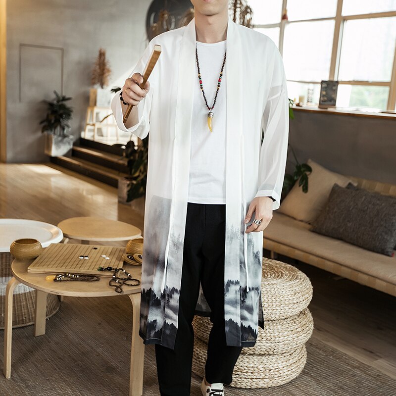 sommer Chinesischen Stil Langes Kleid Traditionellen Kleidung Strickjacke Hanfu Männer Eis Seide Windbreaker Plus Größe Mantel Jacke Männlich