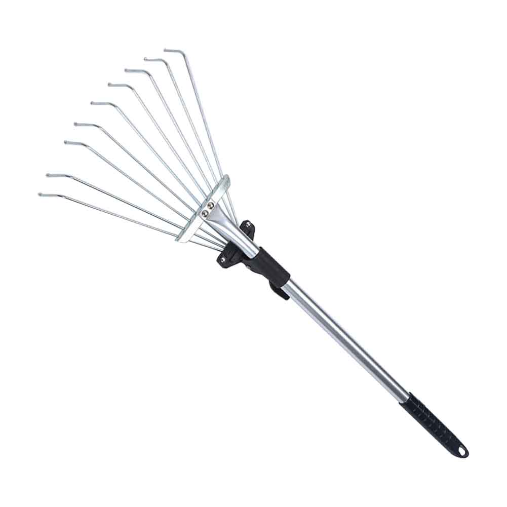 Rastrillo telescópico ligero para jardín, cepillo de hojas portátil de acero inoxidable, 9 dientes, recoger restos sueltos, herramienta de mano, ventilador, escoba