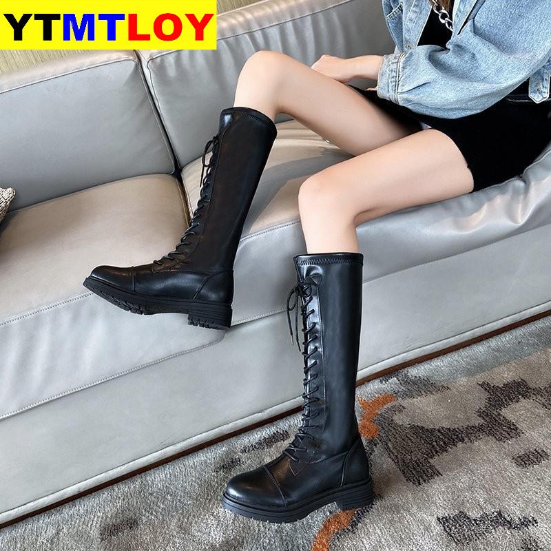Long boots women's knees British wind retro versatile square head front strap leather boots thick with knight boots