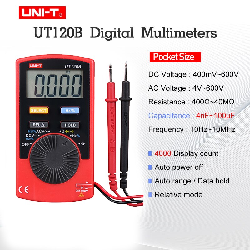 UNI-T Pocket Multimeter Handheld Multimeter Automatic Range Tester 600V DC/AC Voltage Test Resistance Capacitance Measurement: UT120B