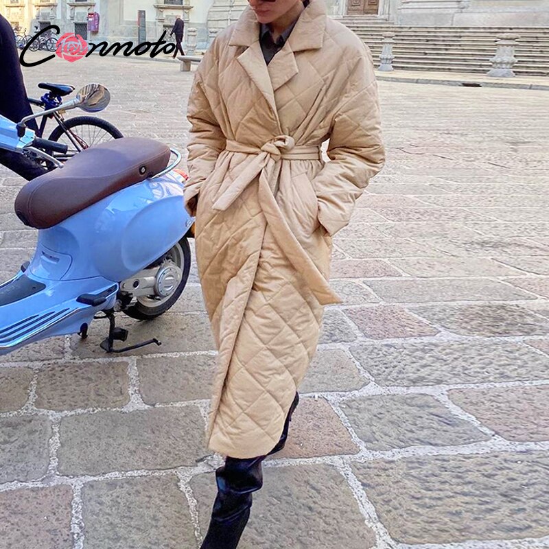 Conmoto Lange Rechte Jas Met Ruit Patroon Casual Sjerpen Vrouwen Winter Parka Diepe Zakken Maat Kraag Stijlvolle Bovenkleding: CAMEL / L