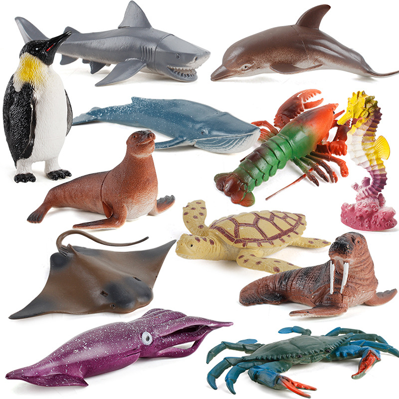 Simulation of Marine Biological Model Penguin Octopus Lobster Squid Crab Sea Turtle Seahorse Model Set Children Educational Toys: Default Title