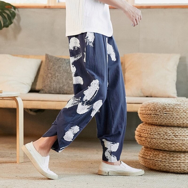 Kimono spodnie Streetwear chińskie tradycyjne ubrania dla mężczyzn szerokie nogawki japońskie spodnie lniane Baggy Hippie spodnie męskie 10627
