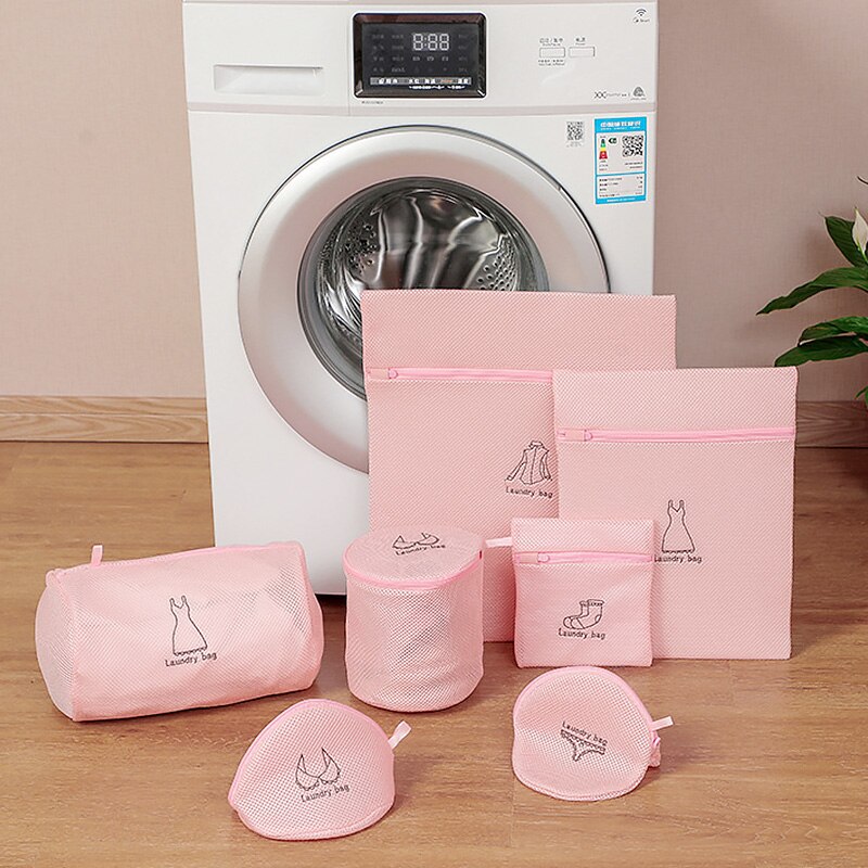 Polyester Mesh Laundry Bag Washing Bra Socks Net Bag for Underwear Sock Washing Machine Dirty Clothes Bra Bags Laundry Bag: 7 Pcs Pink