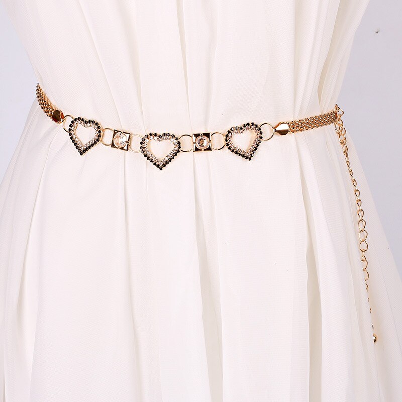 Cinturón de cadena de corazón con diamantes de imitación para mujer, faja de Metal, pretina clásica, para vestido, cadena de cintura, cadenas doradas y plateadas: Oro