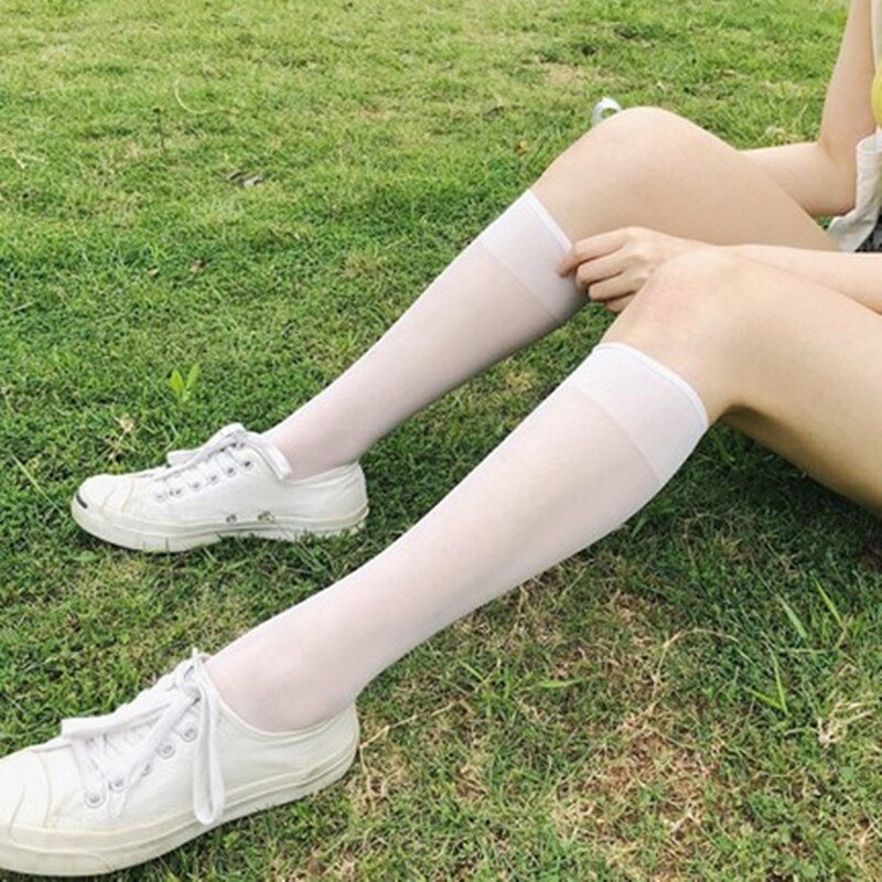 Girls Super Thin Silk Knee-high Socks School JK Style Black White Color Legwear Leggings: White
