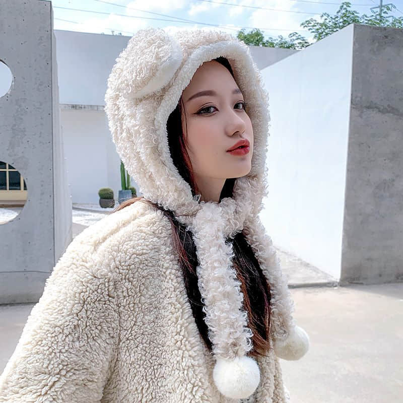 Female hat wild winter warm round face big face thinner hat scarf one Sweet and cute kawaii Bear ears Plush ball Matte: Beige 02