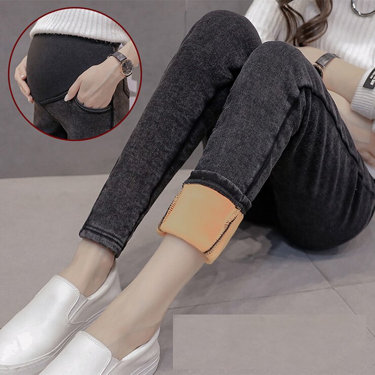 Mutterschaft Jeans Winter Dünne Hosen Caprihose für schwangere frauen Hohe taille Gamaschen schwangerschaft kleidung mutterschaft kleidung: dick Samt Schwarz / L