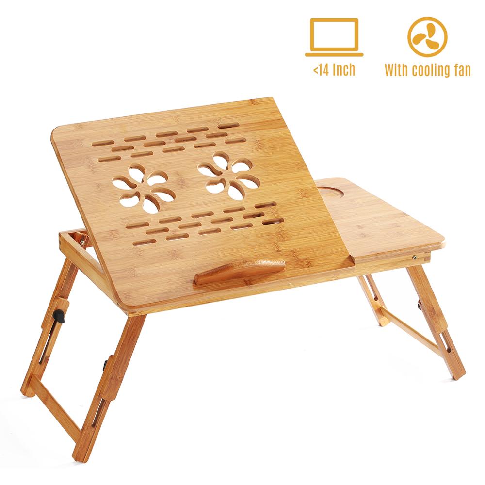 Soporte de escritorio de bambú para ordenador portátil plegable, para desayuno, mesa tipo bandeja para cama, altura ajustable con 4 ángulos, cajón superior inclinable: Medium with fan