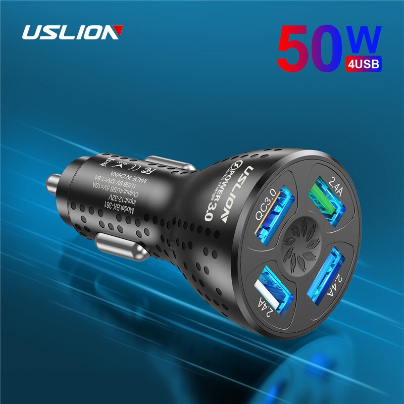 USLION 50W 4 porty ładowarka samochodowa USB QC4.0 QC3.0 Mini szybkie ładowanie dla iPhone 13 11 Xiaomi Huawei ładowarka do telefonu Adapter W samochodzie