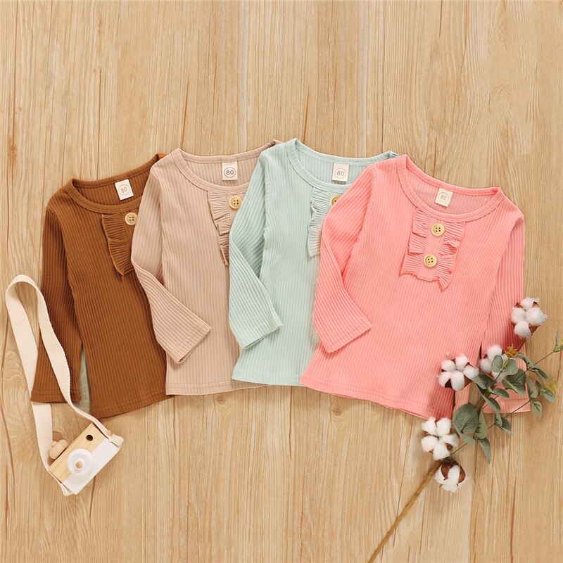 Meisjes t-shirt herfst winter kinderen meisjes baby basic tee tops lange mouw ruches knoop ronde hals t-shirts kleding 2-6 jaar