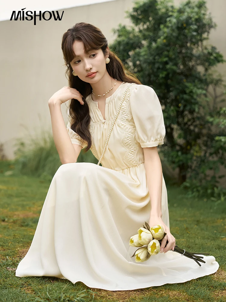 MISHOW-vestidos Fairycore franceses para mujer, verano 2023, corte en A, cuello en V, , manga abombada, cintura, vestidos de gasa lisos MXC38L1482