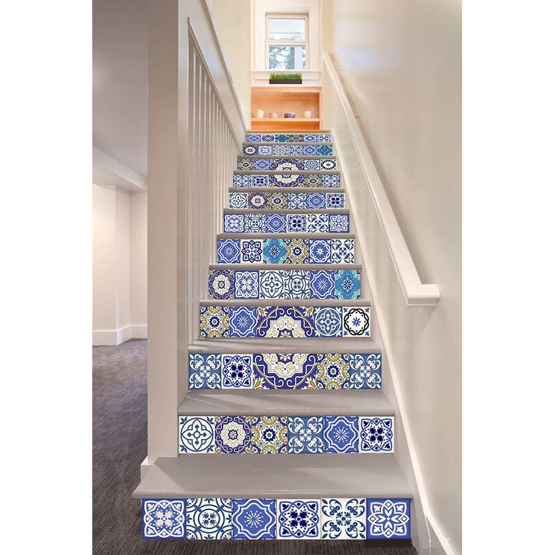 Pegatinas 3D para escaleras simulación de porcelana azul y blanca pegatina para escalera azulejo con flores suelo pegatina decorativa de pared Decoración Para sala de estar