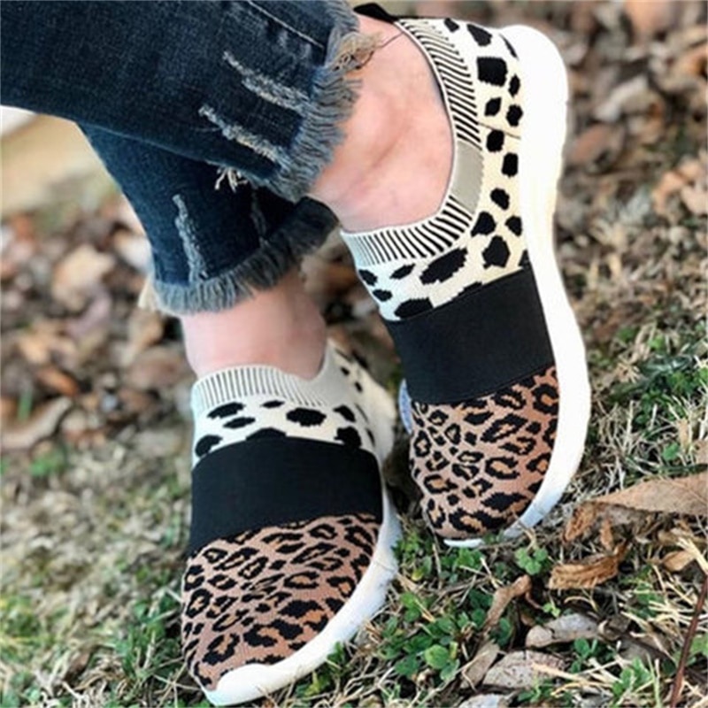 Casual Schoenen Voor Vrouwen Mode Zachte Zool Sokken Schoenen Ademend Vrouwen Sneakers Herfst Luipaard Print Platte Sportschoenen