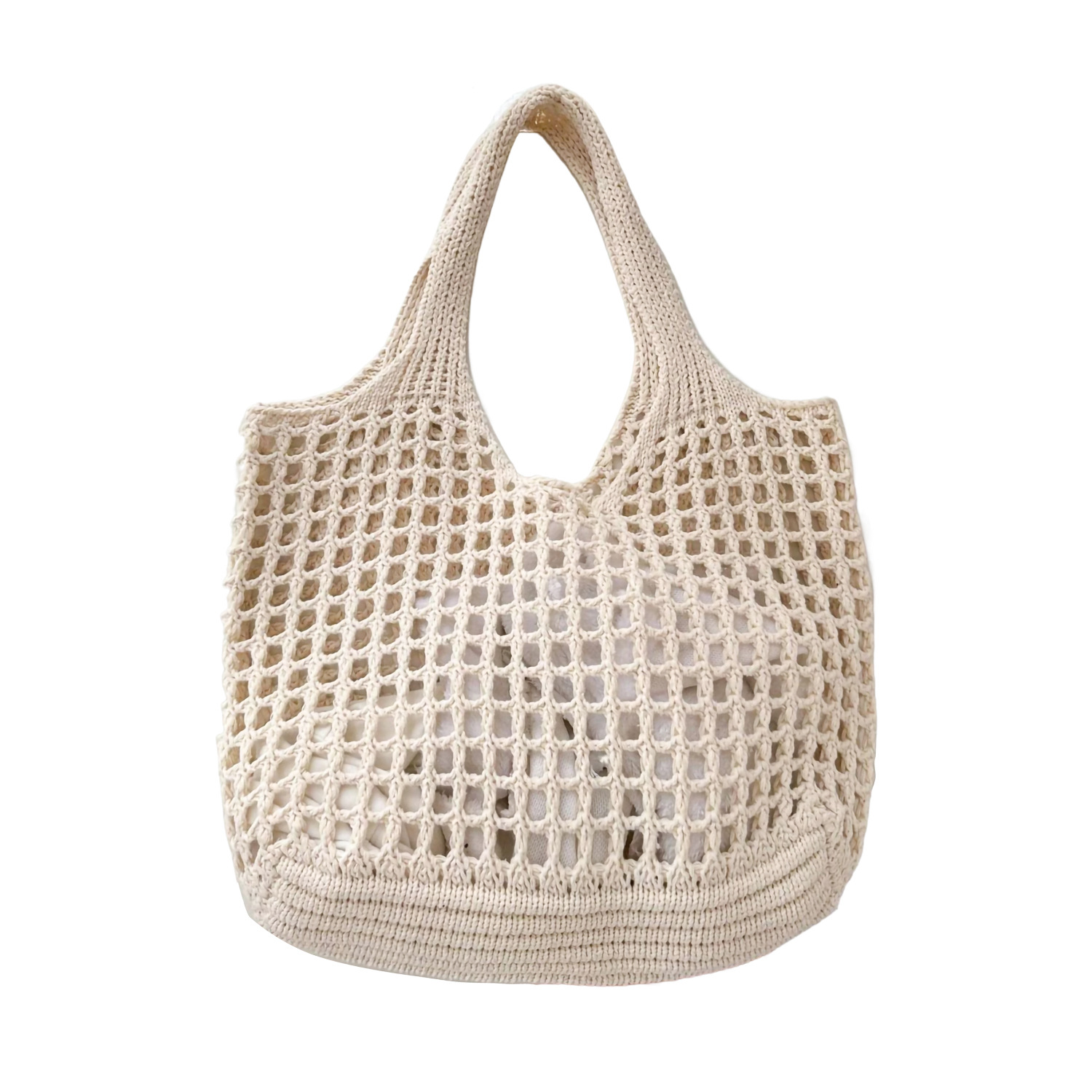 Bolsa tote feminina de crochê, bolsa de praia vazada, grande capacidade, moda de malha, cor sólida, bolsa de compras simples para viagens e férias: Bege
