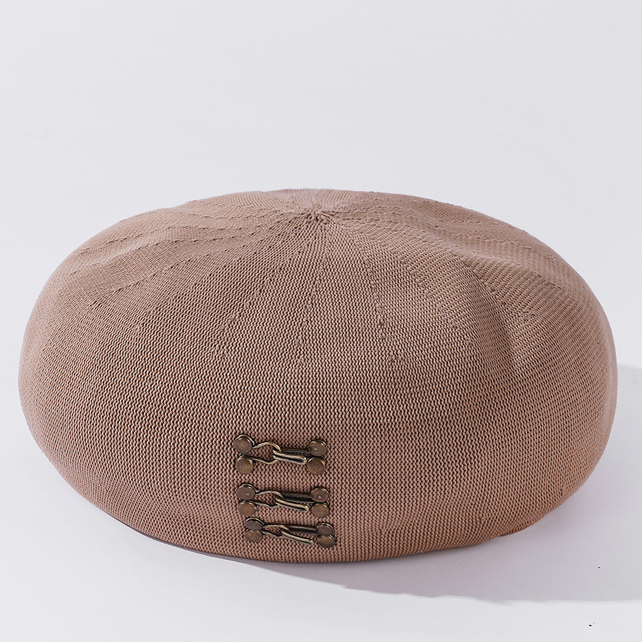 Boinas de mezcla de algodón con hebilla de cobre para mujer, boina con hebilla de cobre para Primavera, gorrito de artista para esquiar, gorros de pintor para niña: Caqui
