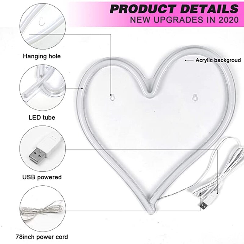 Heart Shape Neon Sign Wall Hanging Neon Light for Wedding Bedroom Home Party Decor Bar Light USB Powered Valentine's Day
