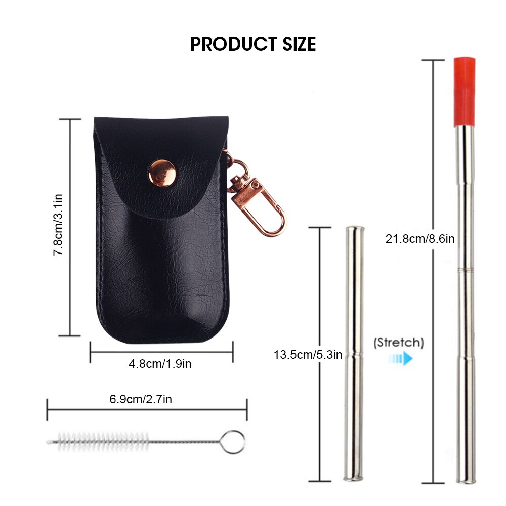 Portable Stainless Steel Reusable Metal Straw Portable Collapsible Foldable with Case Cleaning Brush Bar Drinking Accessories: black