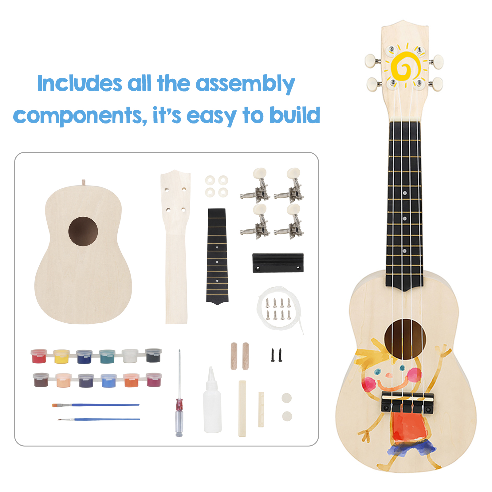 21-Inch DIY Ukulele Semi-Finished Ukelele Kit DIY Painting Uke Kit Unfinished Ukulele Set Stringed Instrument Gitf