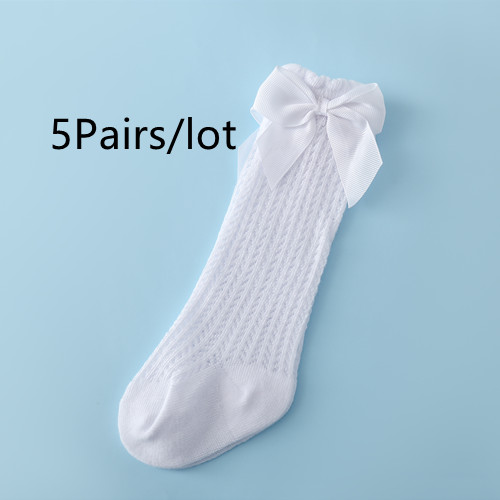 Lawadka-Calcetines de malla de algodón para bebé recién nacido, medias hasta la rodilla con lazo, calcetín largo para niño de 0 a 24 meses, 5 par/lote,: white 5 Pairs / M 12to24month