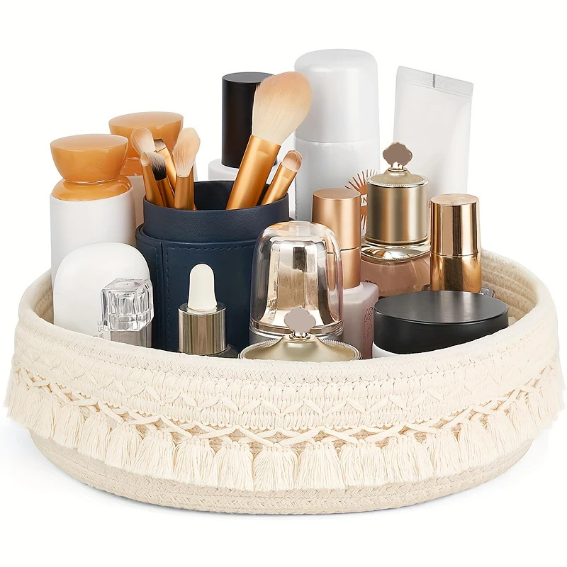 Cesta de almacenamiento de cosméticos hecha a mano, organización de escritorio, suministros para el hogar, caja de almacenamiento de tejido de cuerda, espacio redondo, 1 Uds.