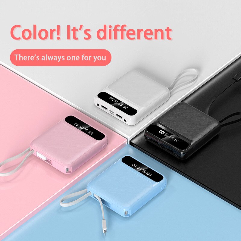 Mini Power Bank 20000Mah Ingebouwde Kabel Voor Android Ios Type-C Adapter Led Zaklamp Met Digitale Display draagbare Powerbank