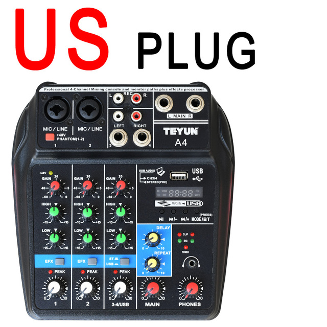 TEYUN A4 Console di missaggio Audio 4 canali Mixer Audio USB Bluetooth USB Record Computer 48V Phantom ritardo alimentazione effetto Repaeat: US