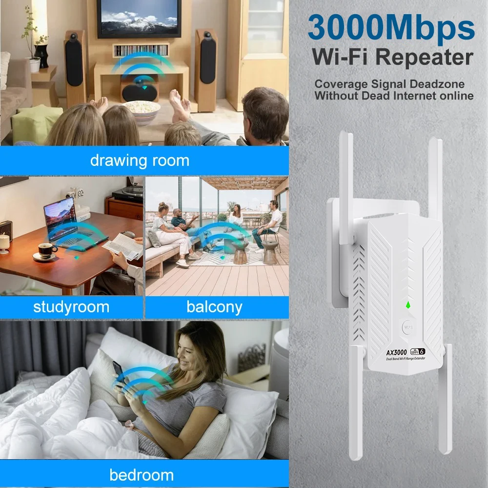 AX3000 WiFi 6 Repeater Extender Booster Dual Band 2.4G/5GHz Wi-Fi WPS Signal Amplifier Long Range Network Router for Home Office