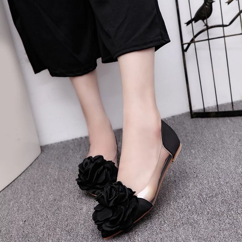 EFFGT Spring Flats Women Shoes Transparent Flower Leisure Ballerina Shoes Pointed Toe Slip On Shallow Casual single Shoes K140: Black / 35