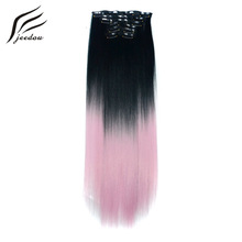 Jeedou Clip In Hair Extensions 6 Stks/set Steil Haar 24 "60Cm 140G Natuurlijke Bruin Grijs Geleidelijke Ombre kleur Synthetische Haarstukjes