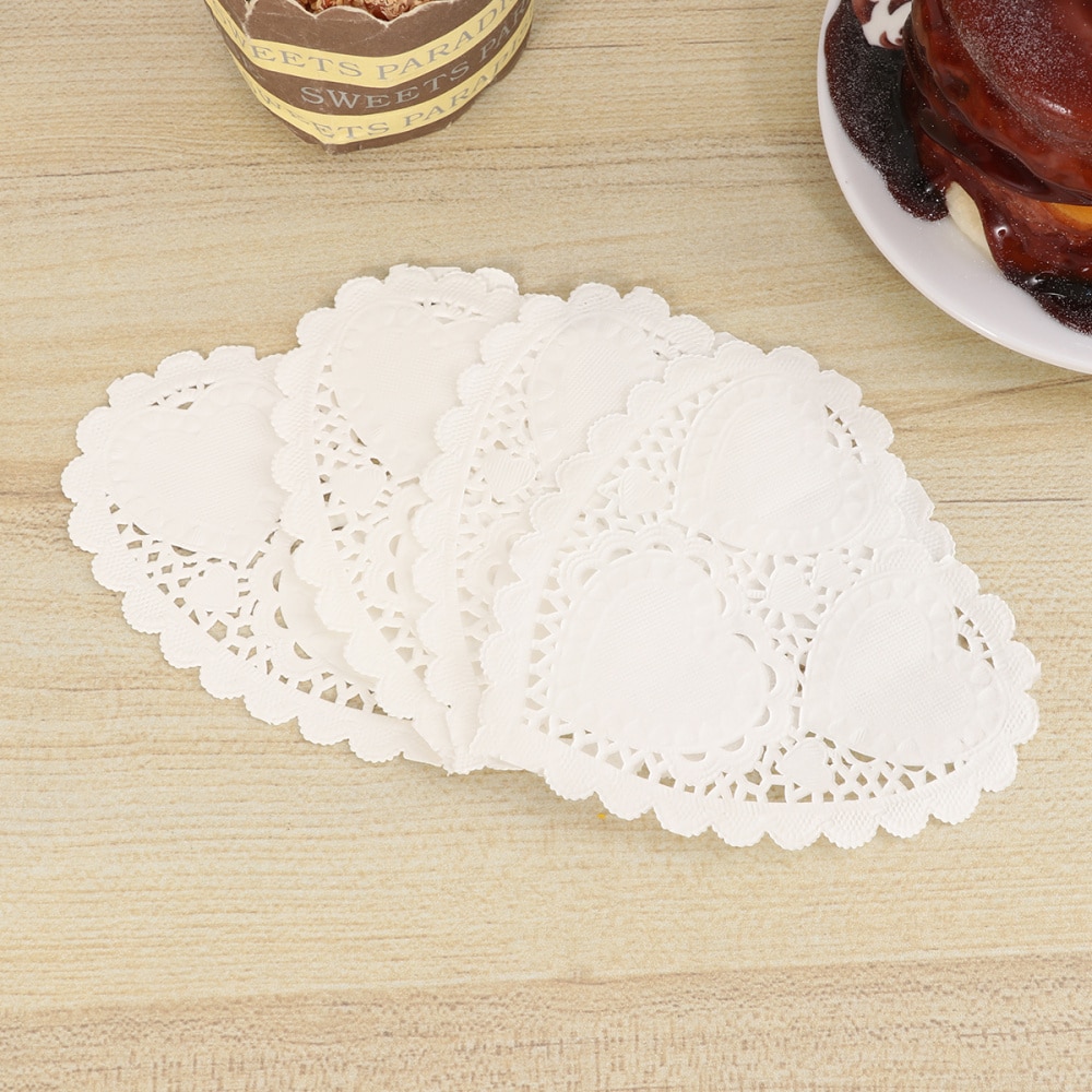 200 blätter Weiß 4 Zoll Herz bilden Spitze Deckchen Öl-Absorbieren Einweg Kuchen Kasten Liner Aushöhlen Verpackung Papier Pad