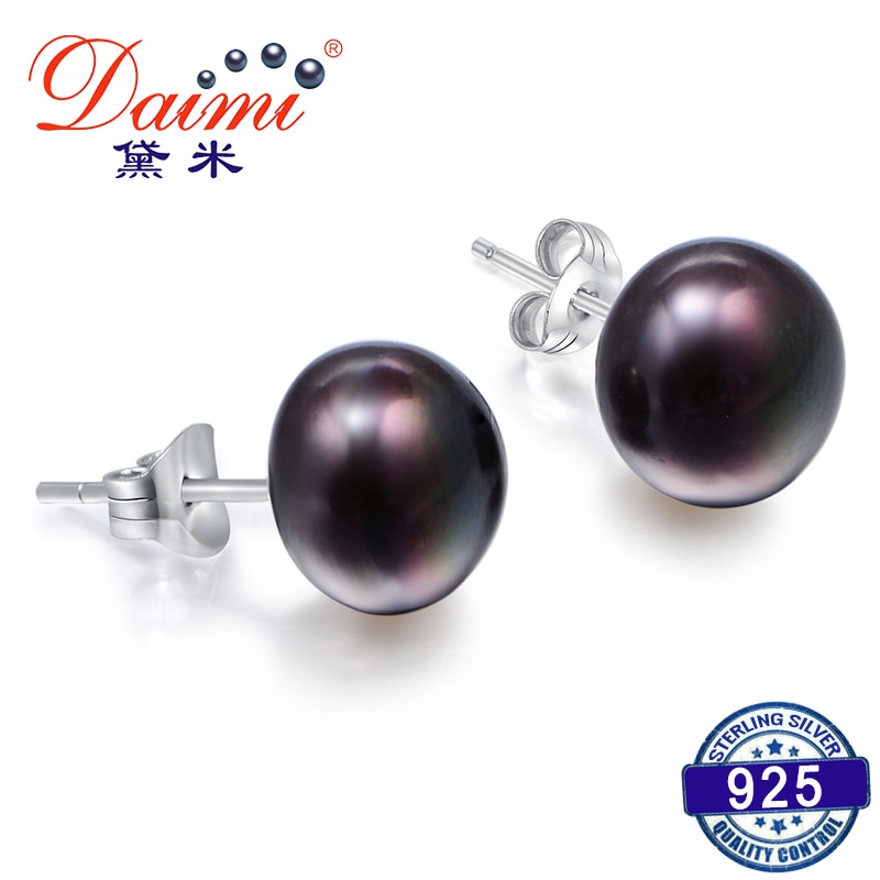 DMEFP151 Zwarte Parel Studs Oorbellen 4 Size Zwart Zoetwater Zilveren 925 Sieraden Prachtige Parel Oorbellen Voor Vrouwen