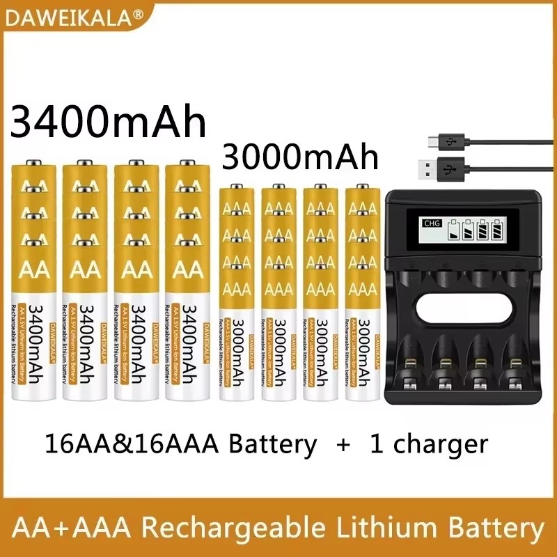 1.5v stk. aa/aaa genopladelige lithium-batterier. -100%  stk. originale polymer-li-ion-batterier med usb-oplader. hurtigopladning, lang levetid til legetøj/genbrug.