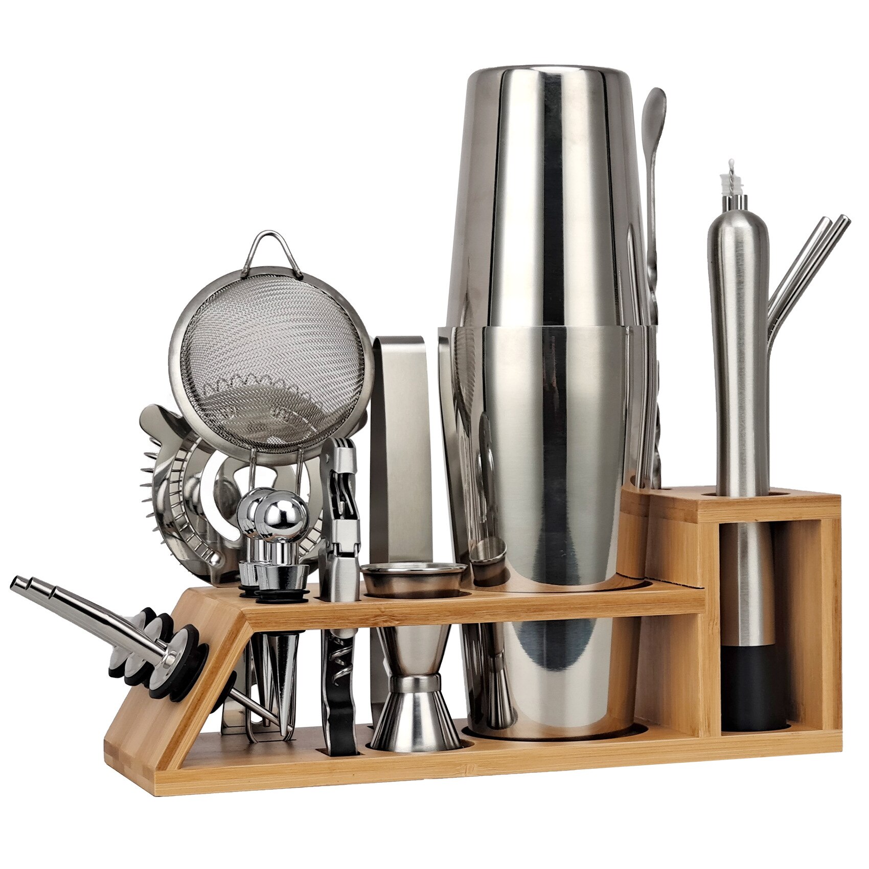 20 piece Cocktail Shaker Set Bartender Kit Stainless Steel Bamboo Weaving Bar Tool Experience for Drink Mixing Cocktail Accessor: Boston