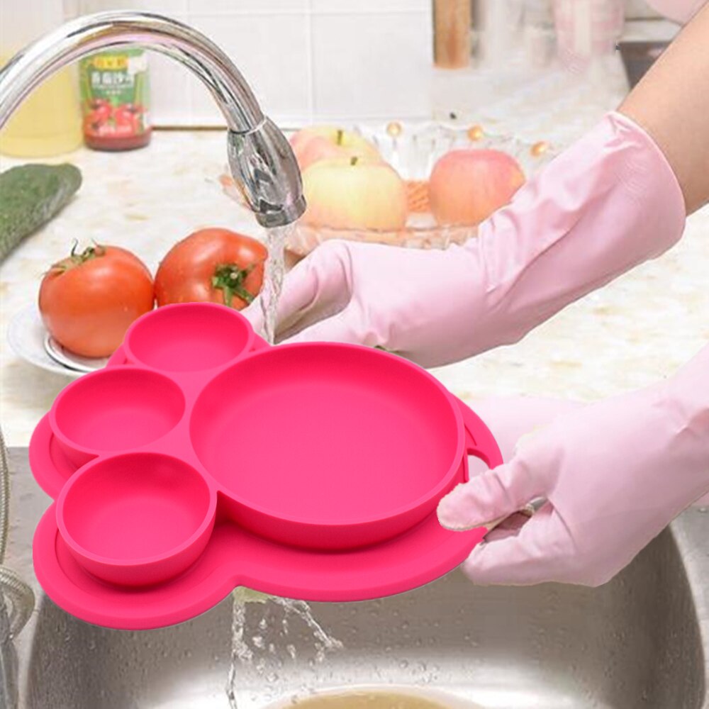 Plato de silicona para bebé, platos de alimentación sin BPA, vajilla de entrenamiento con ventosa para bebés, bonitos platos coloridos de oso de dibujos animados para niños