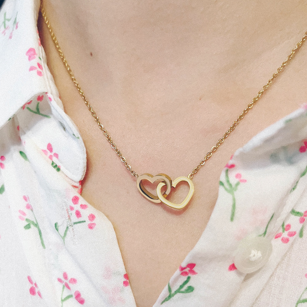 Collares con nombres grabados personalizados con colgante de 2 corazones de acero inoxidable a la Simple para novia y mujer
