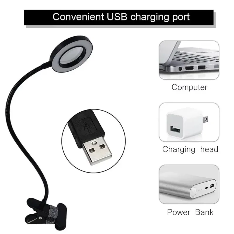 Lupa Led tipo Clip 8x, luz de belleza para uñas, luz fría USB, equipo antideslizante, abrazadera, lámpara de escritorio portátil de vidrio