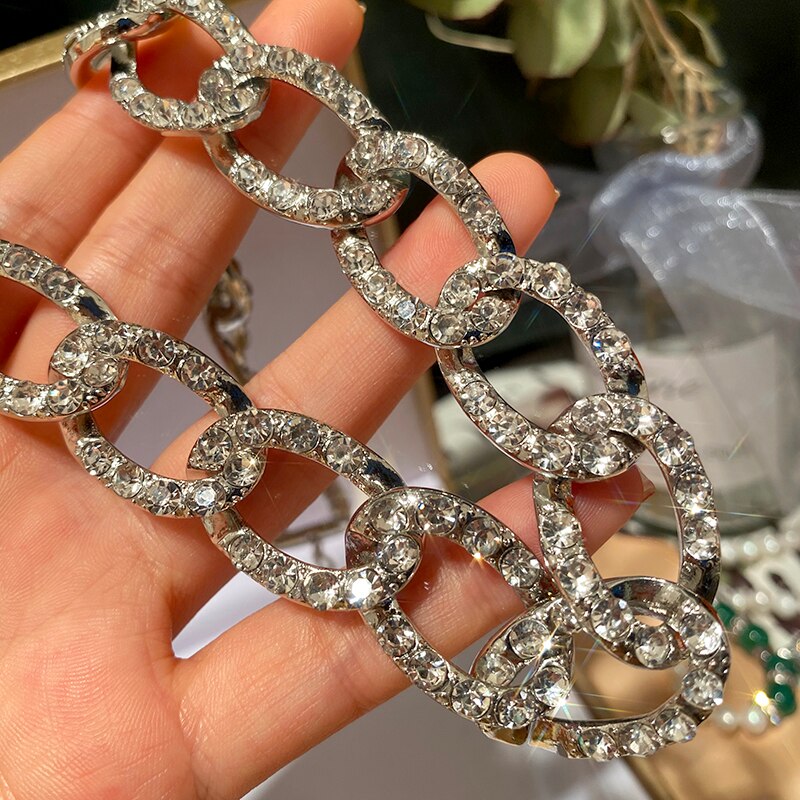 Peri'caja Color plata brillante gruesa cubana cadena collares Rhinestone gargantilla collares para las mujeres de palanca de cierre collar de declaración