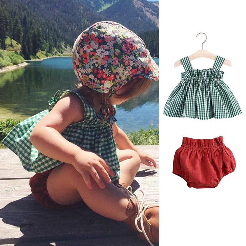 Summer Girls Clothes Sets Sleeveless Plaid Pattern Top and Cute Shorts 2 pcs Kids Suits Baby Children Outfits