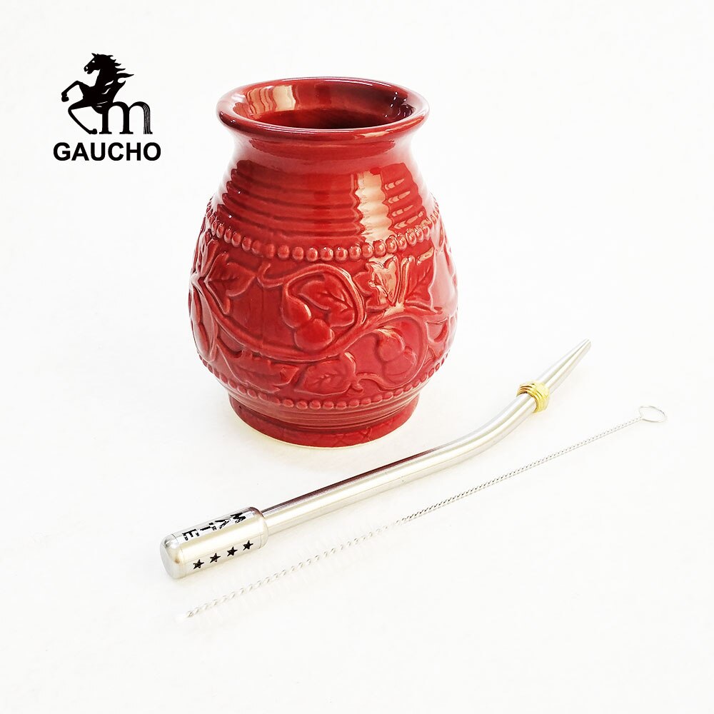1 set/lot gaucho yerba mate kalebass kalebasser 250 ml keramiska koppar med rostfritt bombilla sugrör och rengöringsborste: Mb022-250 ml