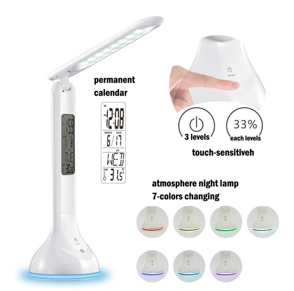 Led Schreibtisch Lampe Tisch Licht Faltbare Dimmbare mit Kalender Temperatur Wecker Atmosphäre Farben Ändern Buch Licht studie