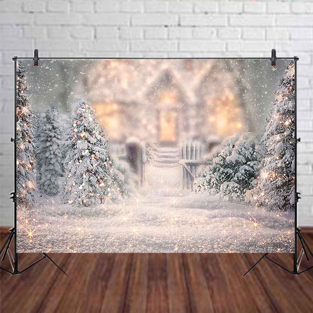 Winter Snowing Photography Background Forest Wood Wall Window Snowflake Stars Christmas Backdrop for Birthday Party Photo Studio