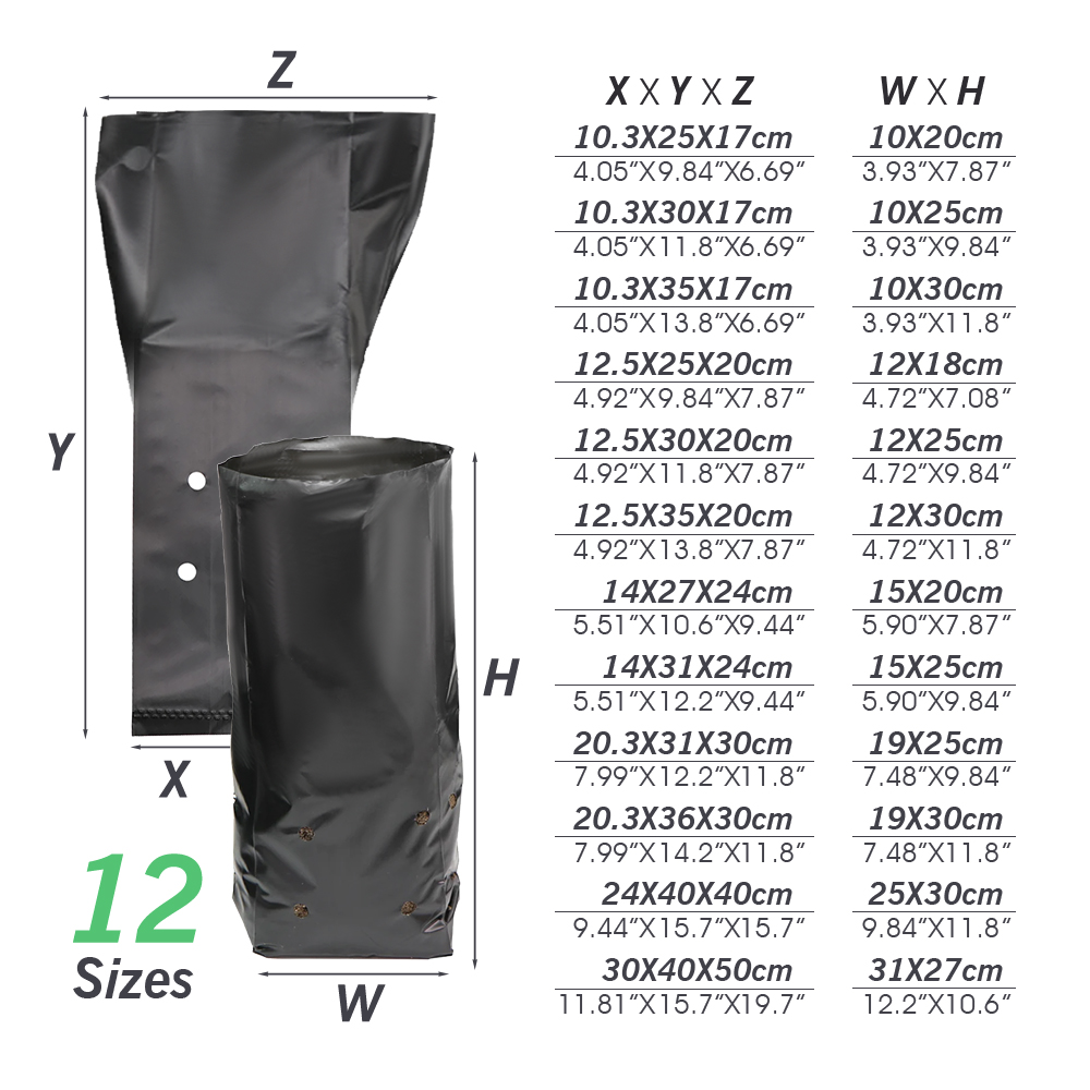 Bolsas de plástico de polietileno para vivero, macetas de cultivo de plantas de tela con agujeros transpirables para cultivo doméstico, suministros de jardinería, color negro, 100 piezas