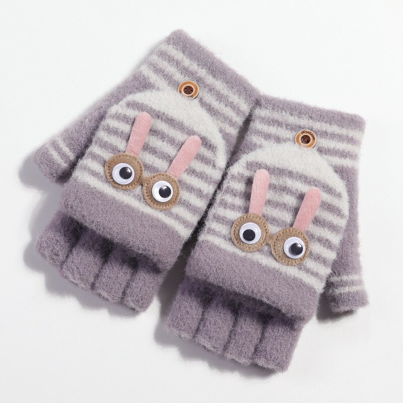 Balleenshiny Kinderen Handschoenen Kids Wanten Winter Plus Fluwelen Warme Tas Vinger Cartoon Gestreepte Half Vinger Gebreide Handschoenen: Paars
