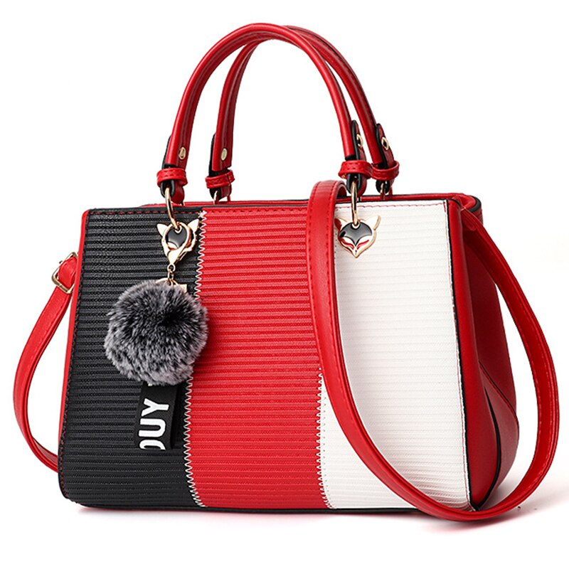 ACELURE PU Leather Handbag - Patchwork Design with Hairball Ornaments & Zipper Closure - Women's Shoulder Tote Bag