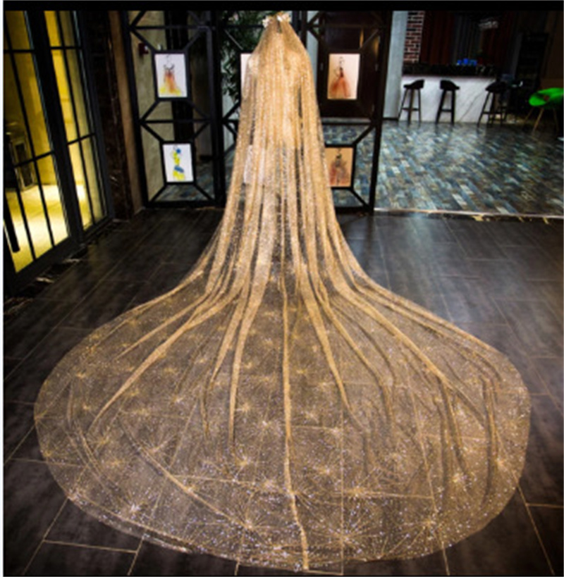 2022 Mode Luxe Bruiloft Sluiers Voor Bruiden Bling Goud 3 Meter Pailletten Crystal Big Bridal Veils Bruiloft Accessoires: starry sky Gold