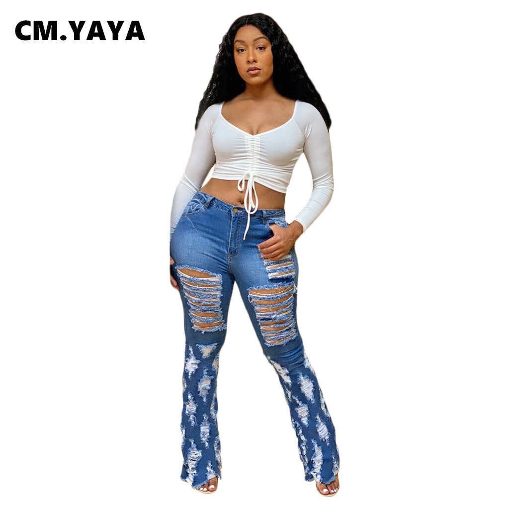 CM.YAYA gland trou large jambe Denim pantalon femmes lavé Flare belllow jean déchiré pantalon rue maigre taille haute dame pantalon