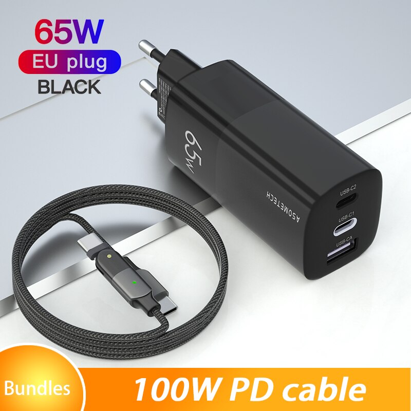 Gan 65w carregador rápido qc3.0 tipo c pd parede de carregamento dupla carga usb carregador rápido adaptador para iphone 11 xiaomi portátil huawei: EU Black with cable