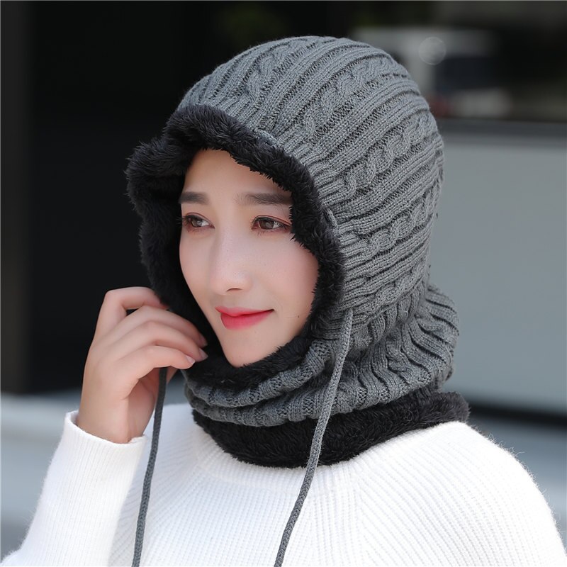 Unisex Winter Knitted Hat Neck Protection Beanie Cap Add Fur Lined Warm Hats For Men Women Balaclava Cap Windproof warm hat: Dark Grey